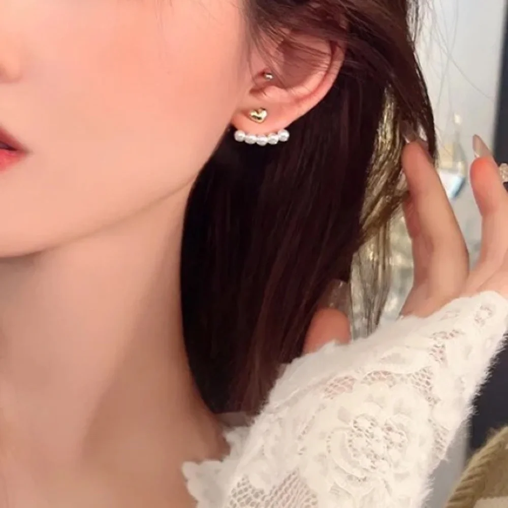 "I'm Yours" Pearl Gold Heart Minimalist Tiny Small Dainty Gift Climber Earring - Picture 2 of 6